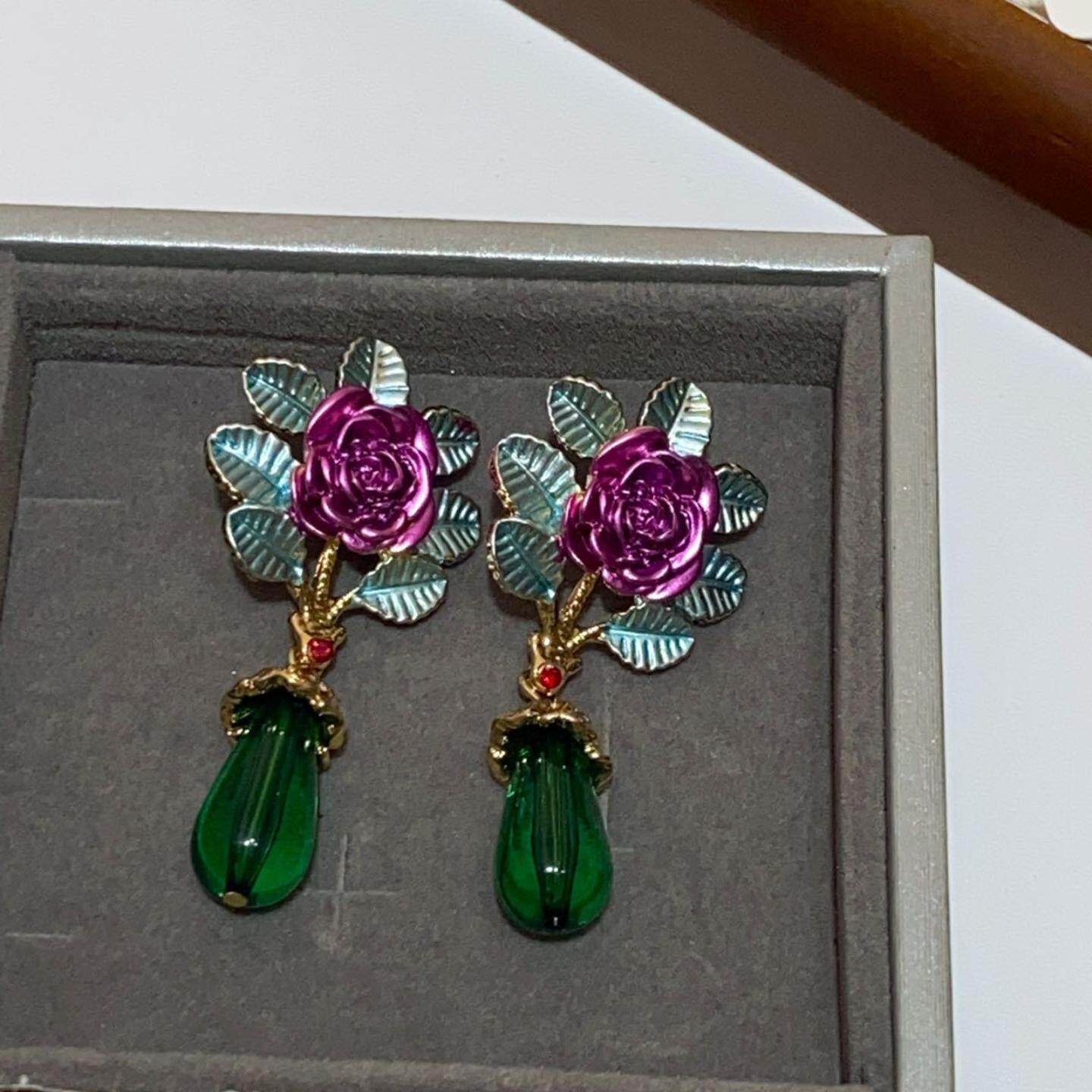 银针中古风喷漆花朵吊坠耳环轻奢气质耳坠vintage复古高级感耳饰