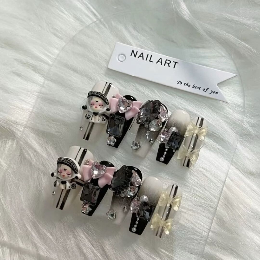 纯手工儿童穿戴甲女童新款辣妹黑色手工玛特甲片贴片纯手工穿戴显