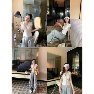 吴太甜 天丝蕾丝花边V领绑带短袖t恤女夏季蝴蝶结短款修身上衣