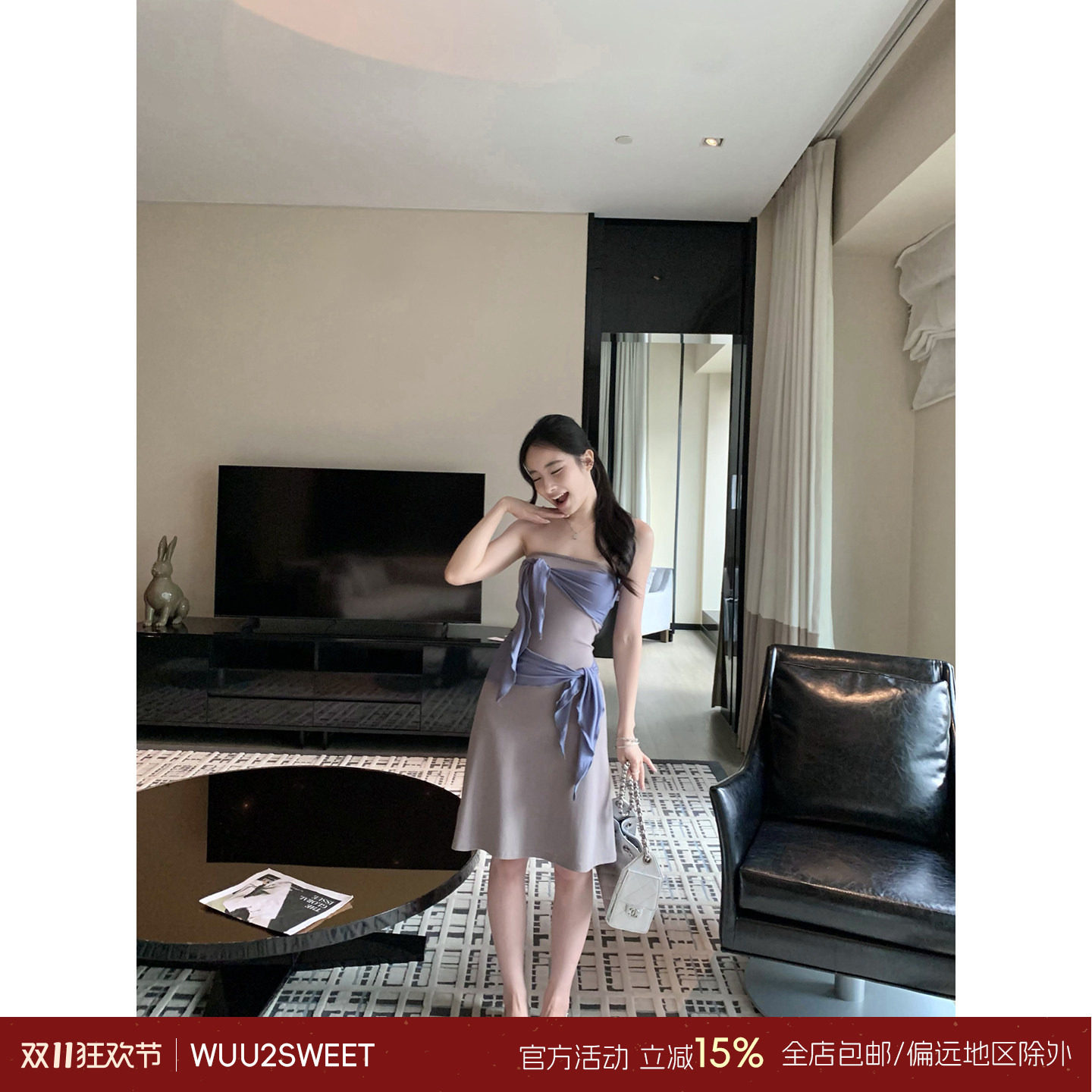吴太甜不对称扭结飘带连衣裙女小众设计感时尚收腰修身撞色抹胸裙