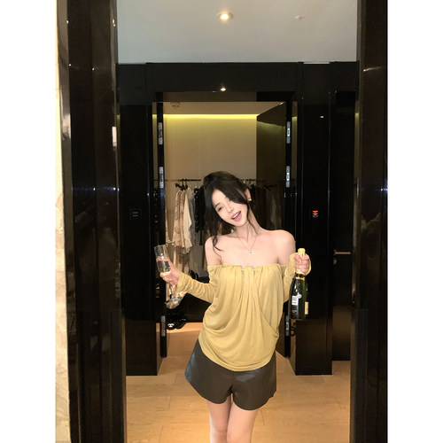 吴太甜 天丝羊毛一字肩抽褶串珠长袖t恤女薄款修身显瘦设计感上衣