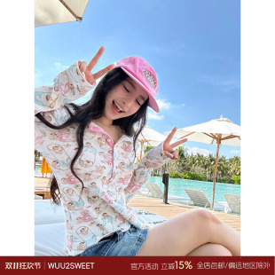 吴太甜 华夫格童趣别针印花亨利t恤女早秋穿搭肌理感百搭减龄上衣