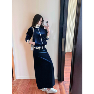 NEW 10/7 20:00~吴太甜 金丝绒撞色立领拉链外套高腰长裙两件套女