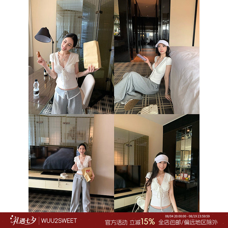 吴太甜 天丝蕾丝花边V领绑带短袖t恤女夏季蝴蝶结短款修身上衣