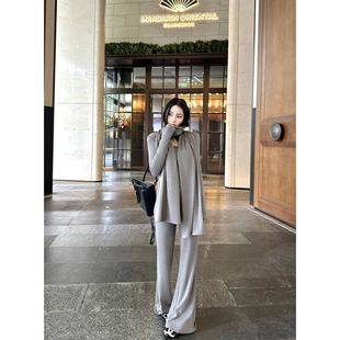 吴太甜 慵懒松弛感纸片人大披肩长款垂感T恤微喇休闲裤三件套女