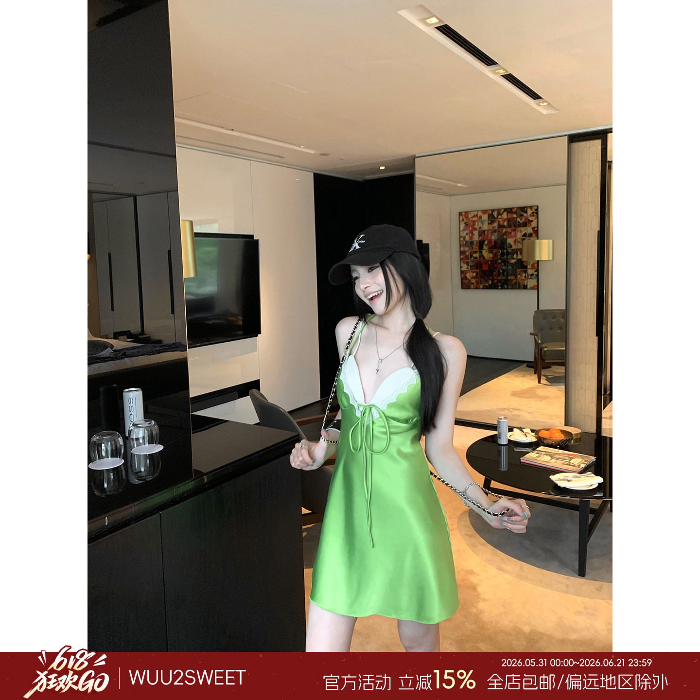 Wuu2sweet吴太甜 绿色缎面蕾丝系带连衣裙女露背交叉绑带短款裙子