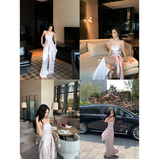 吴太甜法式高级感缎面抹胸背心晚宴约会套装女夏阔腿裤礼服两件套