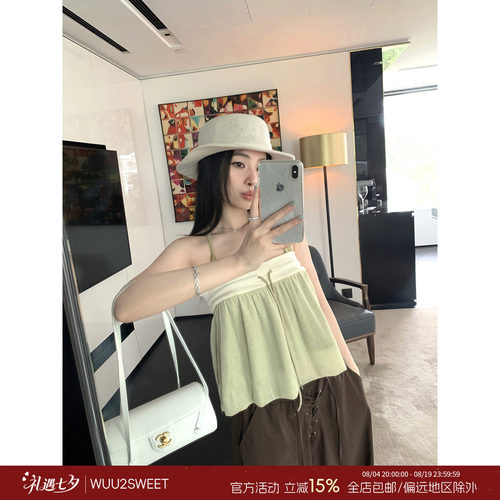 吴太甜挂脖系带无袖抹胸上衣女