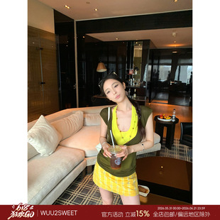 Wuu2sweet吴太甜 森野拼图 撞色短袖假两件针织衫女修身短款上衣