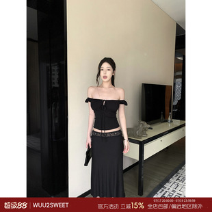 吴太甜 莫代尔抽绳一字肩短袖t恤女气质休闲蕾丝拼接半身裙套装