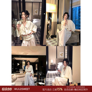 吴太甜软糯小立领泡泡袖长袖衬衫女初秋松弛百搭高腰阔腿长裤套装
