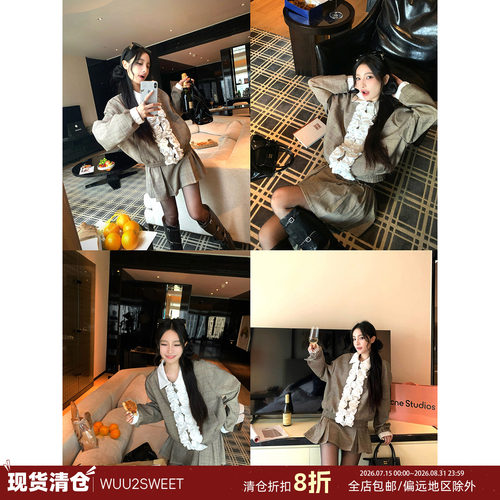 吴太甜荷叶边格纹短外套套装女
