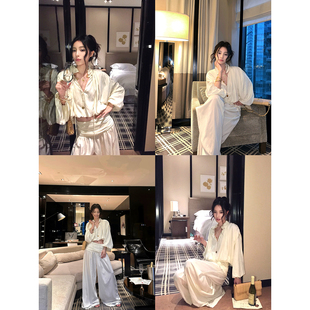 吴太甜软糯小立领泡泡袖长袖衬衫女早秋松弛百搭高腰阔腿长裤套装