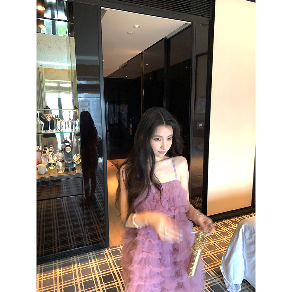 吴太甜 紫色甜美网纱吊带蛋糕裙女气质氛围感度假蓬蓬短裙连衣裙