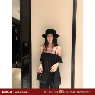 吴太甜不规则压褶设计蕾丝雪纺衫女夏季度假垂感显瘦无袖吊带上衣