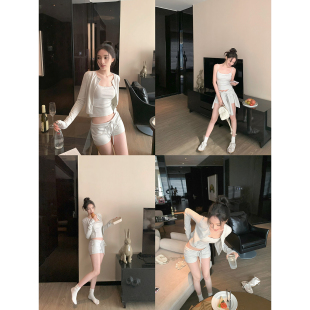 吴太甜精梳棉简约开衫上衣女休闲短裤吊带背心长袖修身显瘦三件套