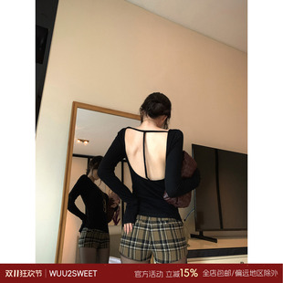 吴太甜 露背镂空黑色长袖T恤女早秋穿搭修身时髦打底衫内搭上衣
