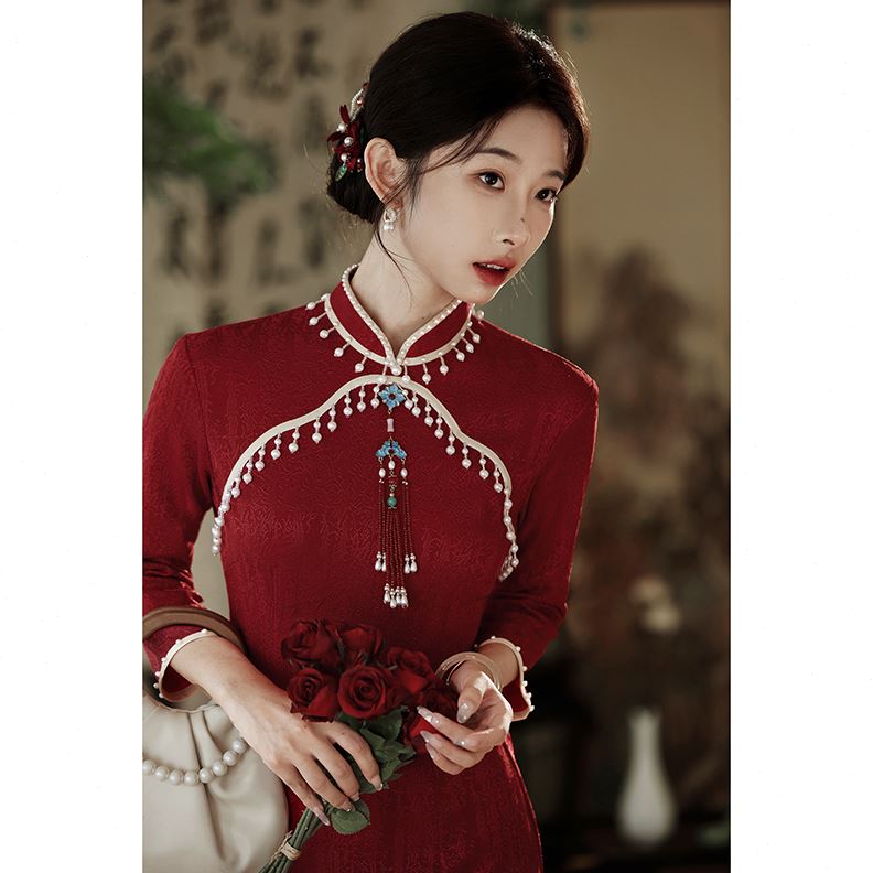 红色旗袍新中式敬酒服新娘2024新款结婚改良订婚礼服裙女秋冬长袖