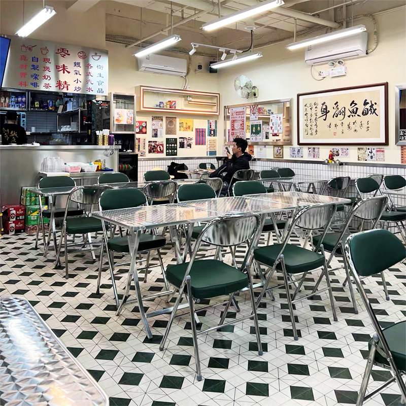 网红港风冰室圆桌港式茶餐厅奶茶店桌椅小吃店不锈钢折叠椅子商用