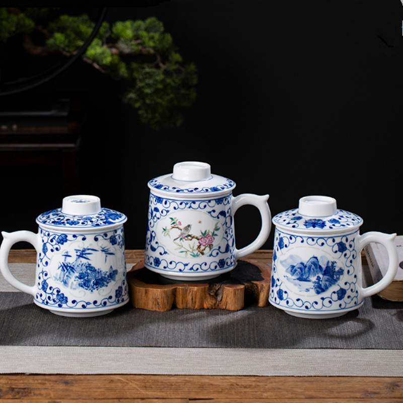 景德镇青花陶瓷泡茶茶杯茶水分离办公过滤带盖瓷杯子家用带把单杯