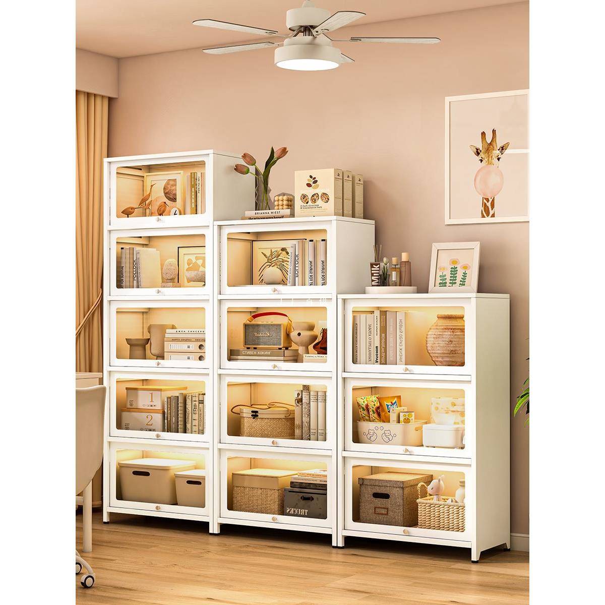 钢制书柜带玻璃门儿童书架家用客厅储物柜防尘展示柜铁艺置物架