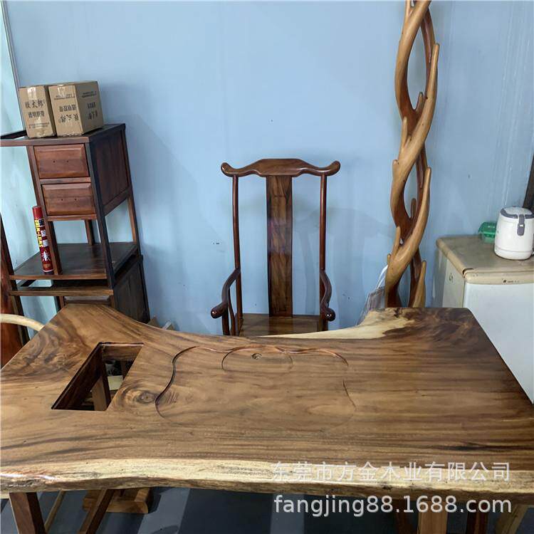 北美南美黑胡桃木楠木办公室会客茶台茶机自然边大板茶台会议桌