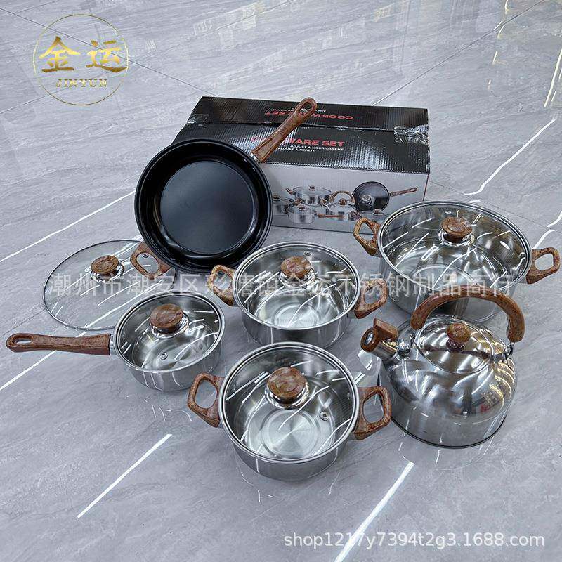 不锈钢12PCS套锅木纹手柄汤锅奶锅煎锅鸣音水壶组合套装