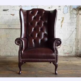 美式精品老虎椅高靠背棕色皮艺单人椅客厅复古沙发办公室洽谈椅子