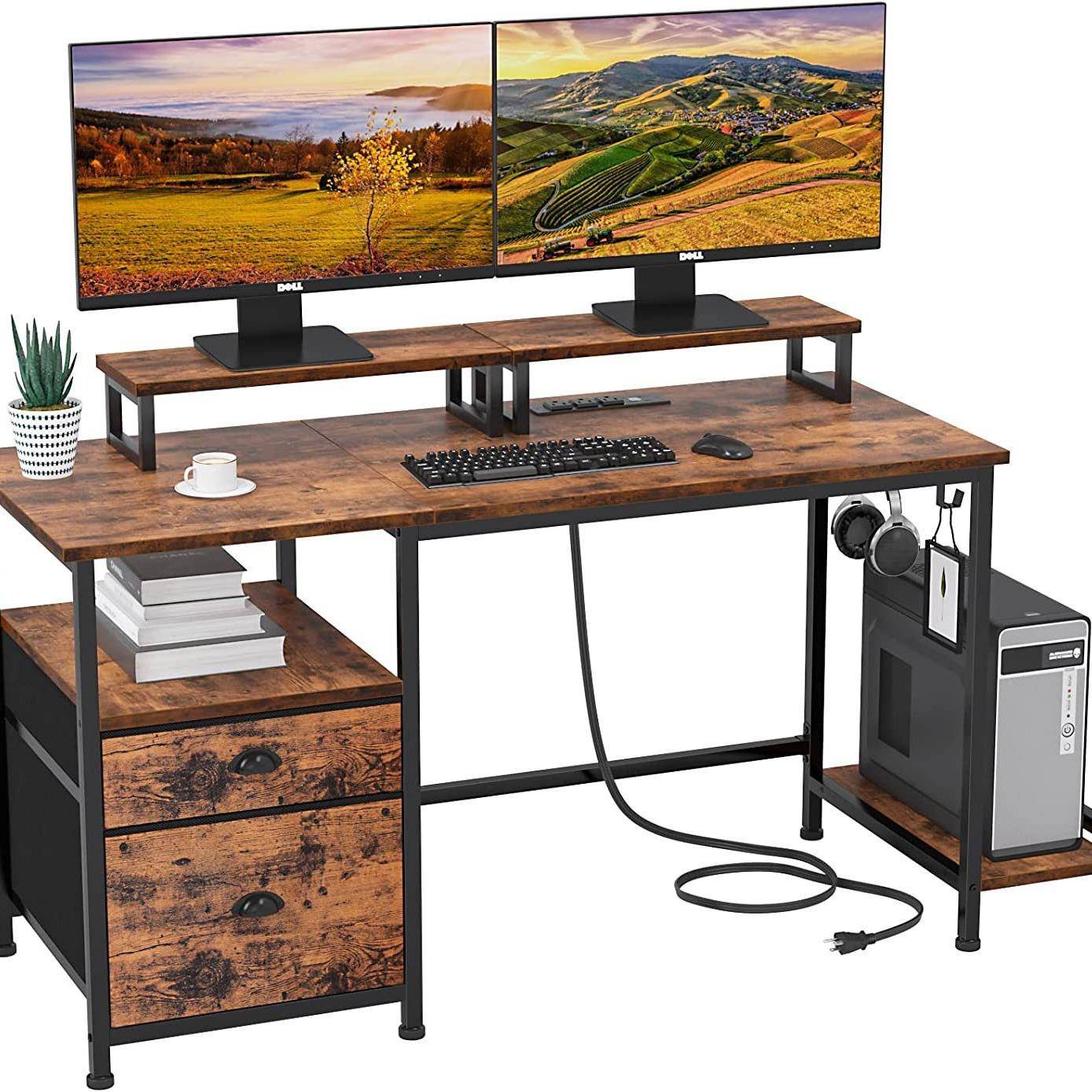 布艺抽屉电源的办公电脑桌可移动显示器支架办公桌带CPU支架挂钩