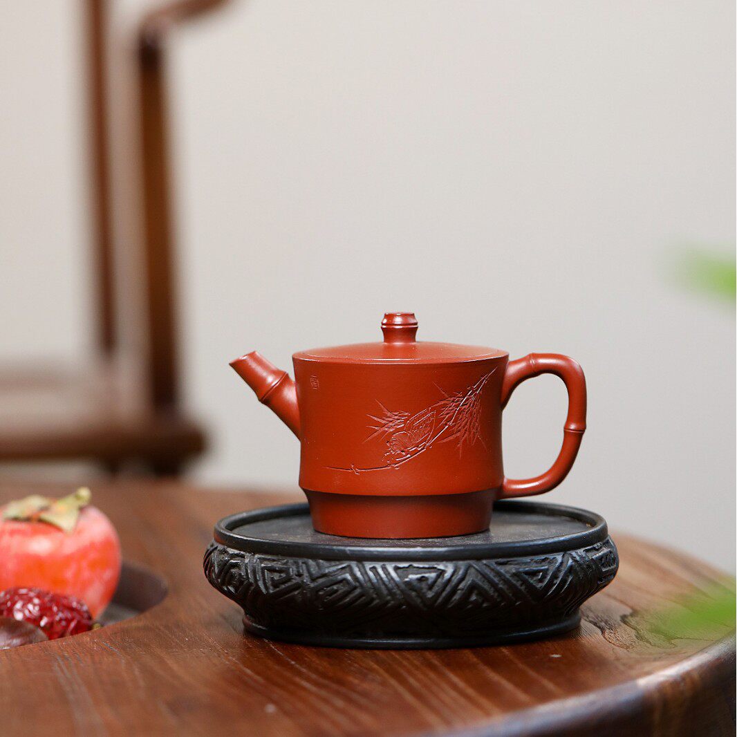 知足常乐素竹宜兴原矿朱泥壶匠心手制高档精美紫砂茶壶产地直销