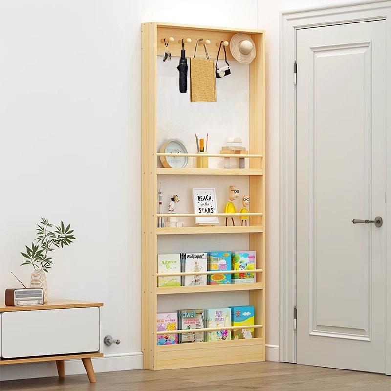 #儿童实木书架门后置物架落地壁挂多层家用绘本架窄角落收纳