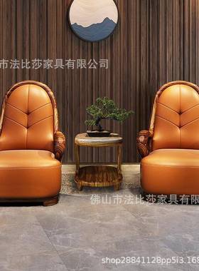 别墅客厅现代新中式休闲椅乌金木实木厚皮单椅设计师单人沙发椅