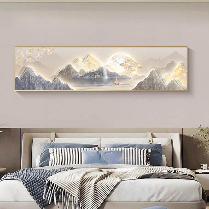 现代轻奢卧室装饰画背有靠山主卧床头横幅挂画客厅高级感山水壁画