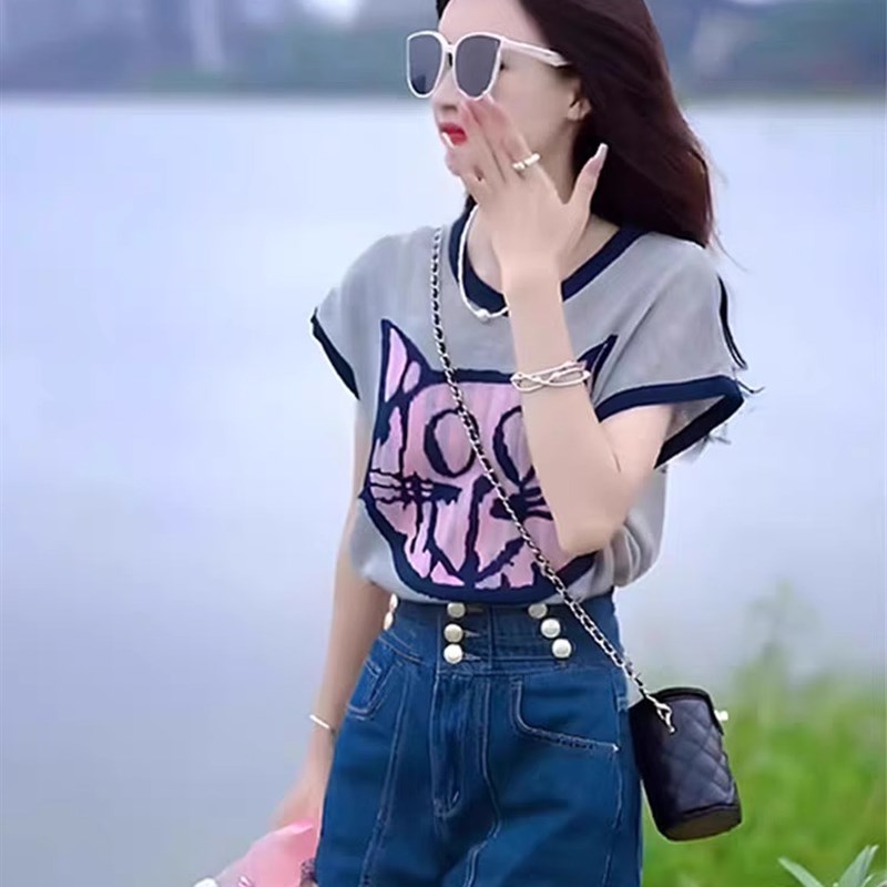 现货冰丝针织紫色短袖t恤夏绝美减龄漂亮小衫洋气独特别致炸街上
