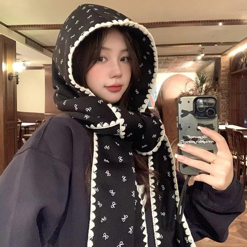 围巾帽子一体韩版笑脸可爱蕾丝百搭连帽少女秋冬针织保暖围脖斗篷