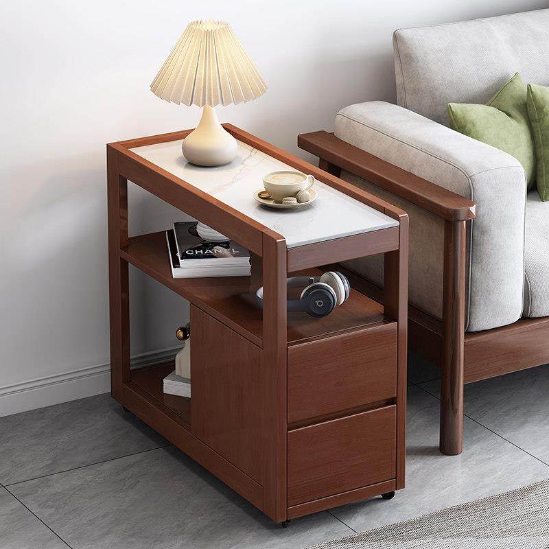 实木沙发侧柜板岩侧桌与车轮北欧小公寓客厅可移动的小咖啡桌柜床