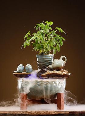 新中式招财鱼缸创意办公室客厅书房桌面陶瓷循环流水摆件乔迁礼品