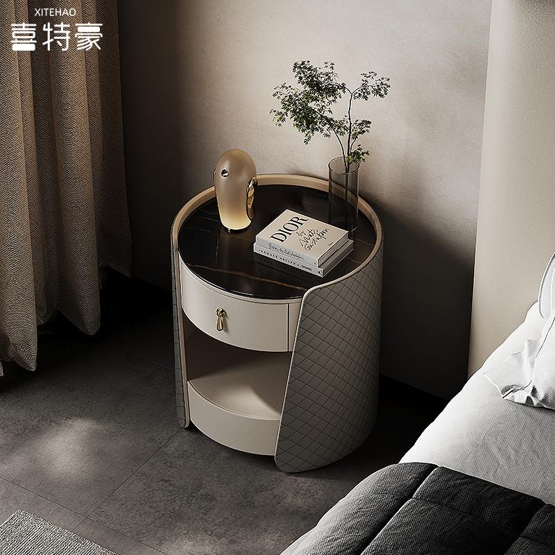 意式极简岩板圆形床头柜设计师高端皮艺实木床边柜侘寂风网红边几