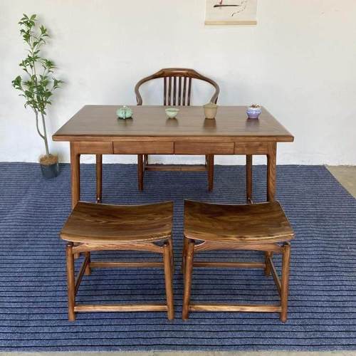 新中式实木茶桌椅组合家用简约书桌写字台老榆木干泡台阳台小茶室