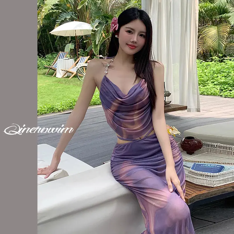 比基尼泳衣三件套长裙时尚扎染性感修身钢托聚拢温泉泳衣专业