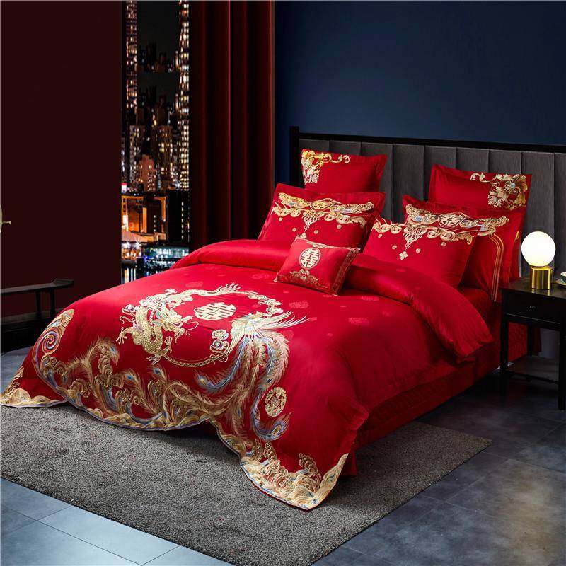 婚庆四件套长绒棉纯棉刺绣花大红色被套婚礼结婚床上用品