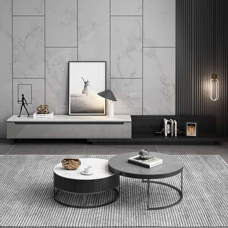 现代简约小户型岩板圆形茶几电视柜轻奢客厅家用大小圆伸缩茶几