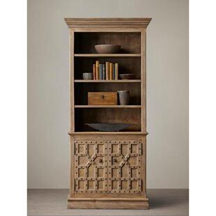 RH出口外贸美式橡木仿古实木书柜玻璃门法式做旧餐边柜双门置物柜