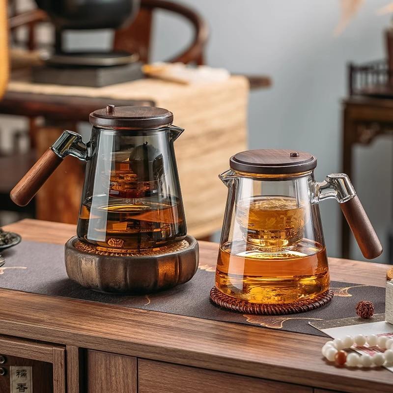胡桃木飘逸杯泡茶壶全玻璃内胆一键茶水分离按压式茶具冲茶器套装