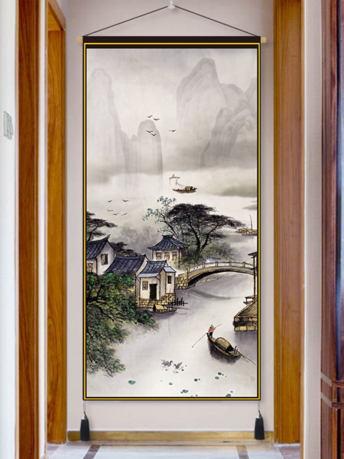 中式山水画布艺挂画客厅书房玄关装饰画走廊过道大副竖版走廊壁毯图片