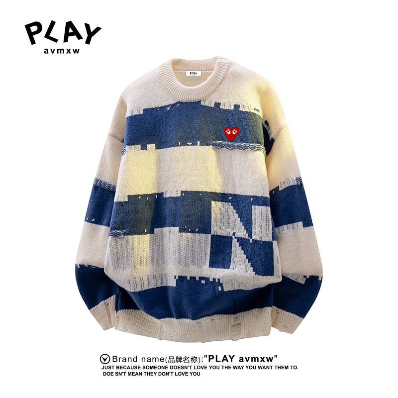 PLAYAVMXW宽松休闲拼色圆领毛衣