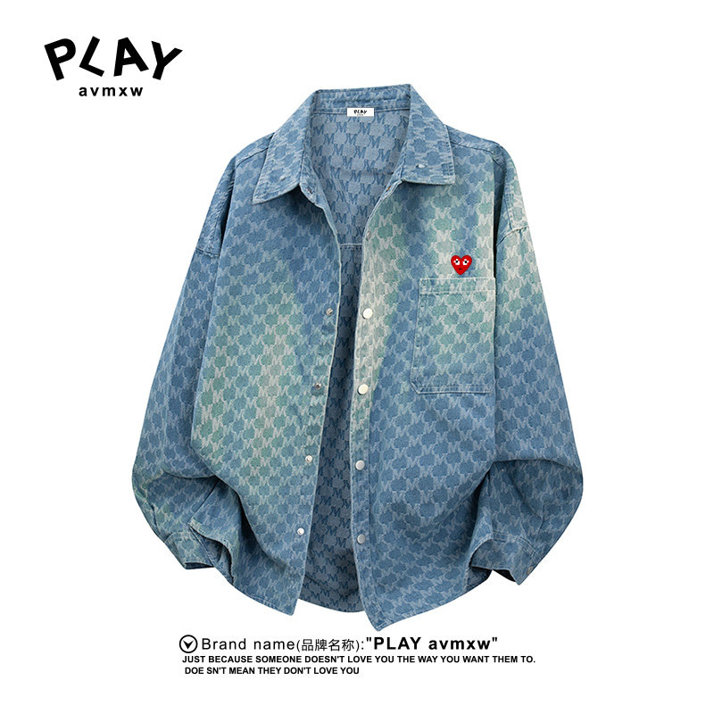 PLAY AVMXW 官方长袖牛仔衬衫秋冬季新款潮牌情侣款水洗格子衬衣