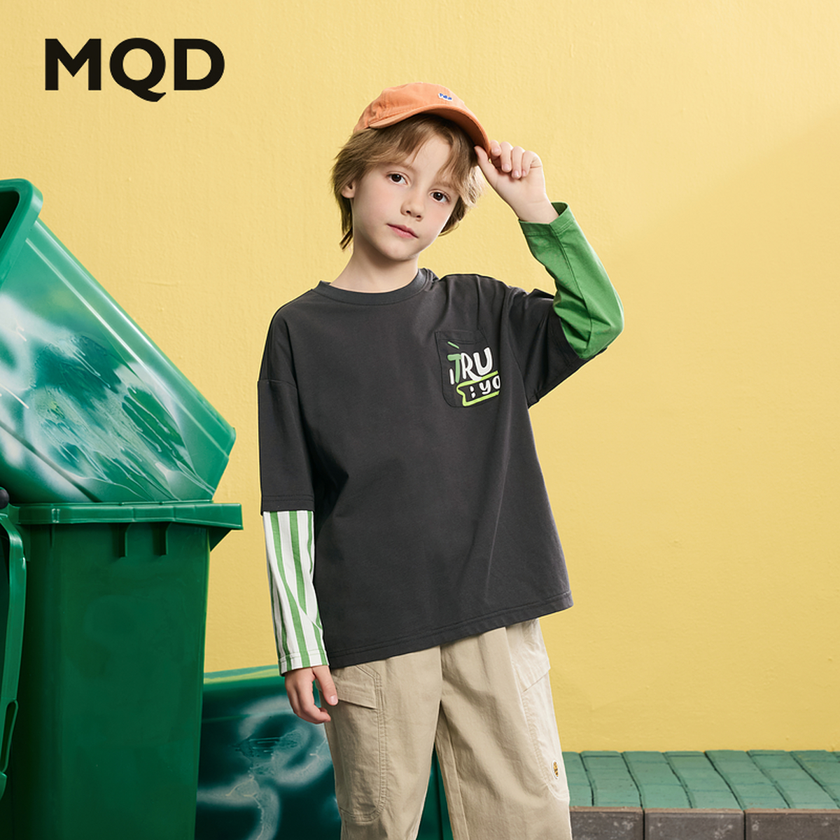 MQD童装男童25秋新品学院风假两件撞色设计感长袖T恤中大童打底衫