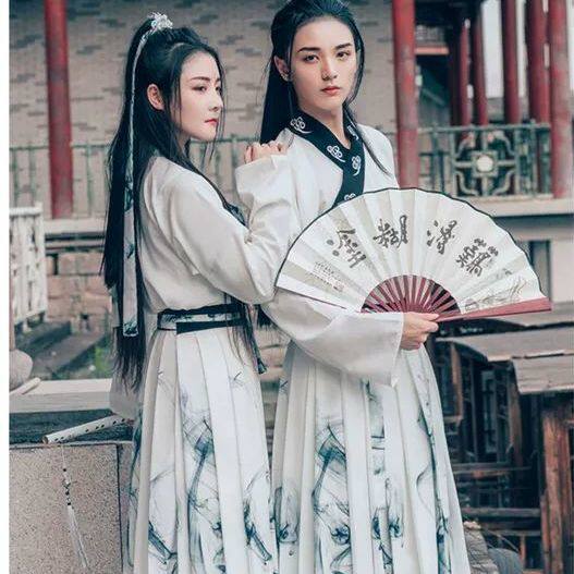 租赁情侣汉服交领齐腰襦裙中国风水墨画侠侣风七夕情人节演出服