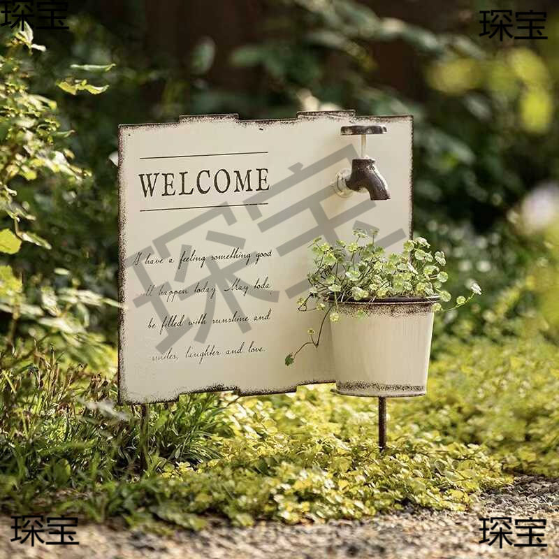 日式ins复古做旧带花牌花插花盆杂货园艺白板装饰阳台zakka摆件
